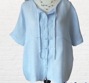 Eileen Fisher shirt blue short sleeve button down linen sustainable size XL